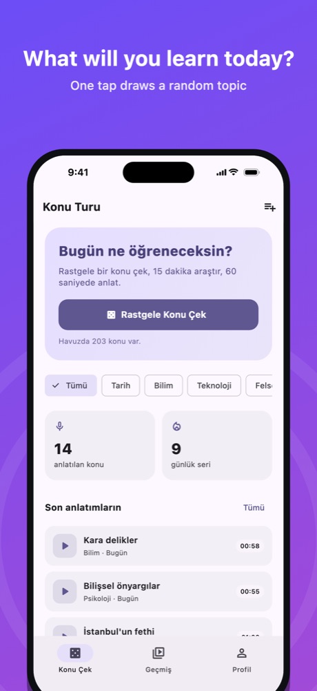 The home screen with a random topic button and your stats